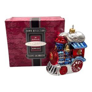 Hallmark Crown Reflections Festive Locomotive Blown Glass Ornament Red & Silver